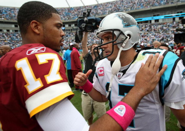CHARLOTTE, NC - OCTOBER 11: Jason Campbell #17 of Washington Redskins talks to Jake Delhomme #17 of the Carolina Panthers after their game at Bank of America Stadium on October 11, 2009 in Charlotte, North Carolina. (Photo by Streeter Lecka/Getty Images