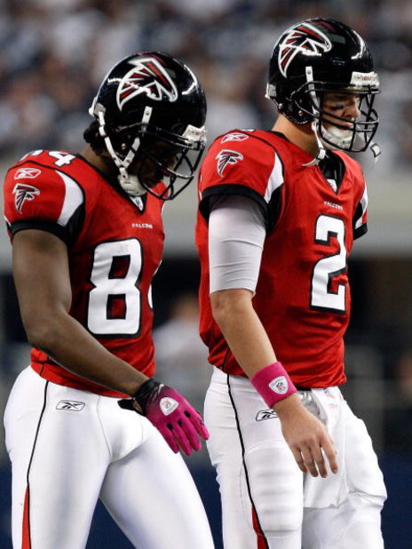 ARLINGTON, TX - OCTOBER 25: Quarterback Matt Ryan #2 and Roddy White #84 of the Atlanta Falcons walk off the field during a game with the Dallas Cowboys at Cowboys Stadium on October 25, 2009 in Arlington, Texas. (Photo by Ronald Martinez/Getty Images)