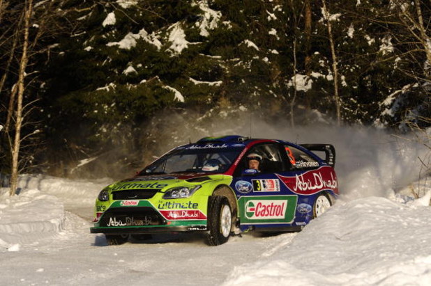 HAMAR, NORWAY - FEBRUARY 14: Mikko Hirvonen and Jarmo Lehtinen of BP Ford Abu Dhabi WRT, Ford Focus RS in action during Leg 2 of Rally Norway 2009 on February 14, 2009 in Hamar, Norway. (Photo by Reporter Images/Getty Images)