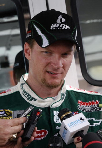 FONTANA, CA - FEBRUARY 20: Dale Earnhardt Jr., driver of the #88 Amp Energy/National Guard Chevrolet, speaks with the media after practice for the NASCAR Sprint Cup Series Auto Club 500 at Auto Club Speedway on February 20, 2009 in Fontana, California. (J
