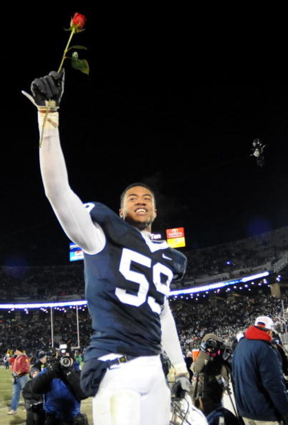 STATE COLLEGE, PA - NOVEMBER 22: Aaron Maybin #59 of the Penn State Nittany Lions reacts after clinching the Big Ten title and clinching a bid to the Rose Bowl after the game against the Michigan State Spartans on November 22, 2008 at Beaver Stadium in St