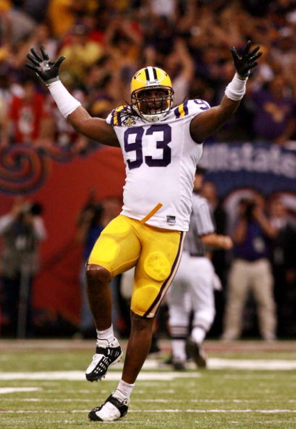 NEW ORLEANS - JANUARY 07:  Tyson Jackson #93 of the Louisiana State University Tigers celebrates during the AllState BCS National Championship against the Ohio State Buckeyes on January 7, 2008 at the Louisiana Superdome in New Orleans, Louisiana.  (Photo
