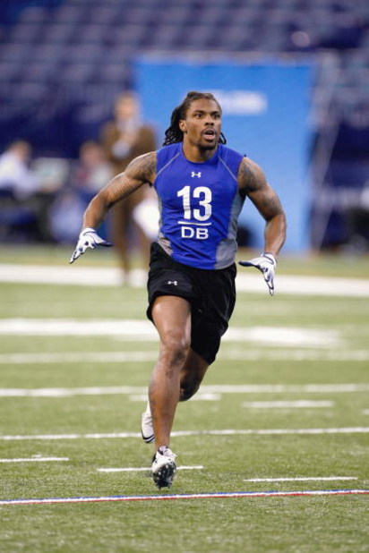 INDIANAPOLIS, IN - FEBRUARY 24:  Defensive back Louis Delmas of Western Michigan runs in practice drills during the NFL Scouting Combine presented by Under Armour at Lucas Oil Stadium on February 24, 2009 in Indianapolis, Indiana. (Photo by Scott Boehm/Ge