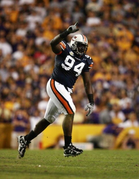 BATON ROUGE, LA - OCTOBER 20: Defensive end Sen'Derrick Marks #94 of the Auburn Tigers celebrates after his team caused a fumble by quarterback Ryan Perrilloux #11 of the LSU Tigers at Tiger Stadium on October 20, 2007 in Baton Rouge, Louisiana. (Photo
