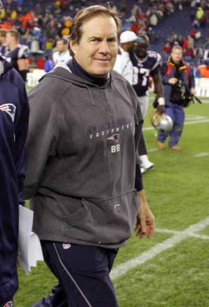 FOXBORO, MA - DECEMBER 23:  Head coach Bill Belichek of the New England Patriots walks off the field after defeating the Miami Dolphins at Gillette Stadium on December 23, 2007 in Foxboro, Massachusetts. The Patriots defeated the Dolphins 28-7 to become t
