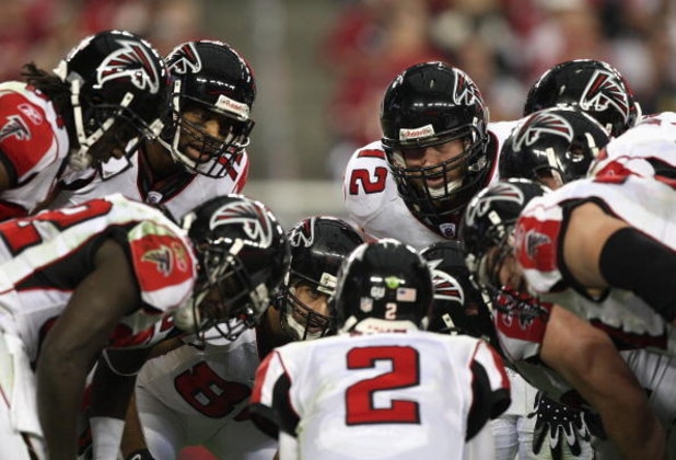 GLENDALE, AZ - JANUARY 03: The Atlanta Falcons huddle around quarterback Matt Ryan #2 in the NFC Wild Card Game against the Arizona Cardinals on January 3, 2009 at University of Phoenix Stadium in Glendale, Arizona. The Cardinals defeated the Falcons 30