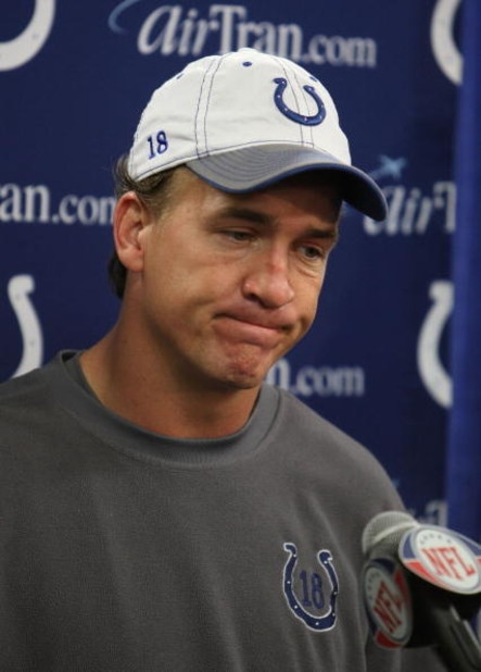 SAN DIEGO - JANUARY 03: Quarterback Peyton Manning #18 of the Indianapolis Colts speaks to members of the media after being defeated by the San Diego Chargers 23-17 in the AFC Wild Card Game on January 3, 2009 at Qualcomm Stadium in San Diego, California