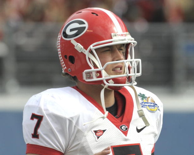 ORLANDO, FL - JANUARY 1: Quarterback Matthew Stafford #7 of the University of Georgia watches play against the Michigan State Spartans at the 2009 Capital One Bowl at the Citrus Bowl on January 1, 2009 in Orlando, Florida.  (Photo by Al Messerschmidt/Gett
