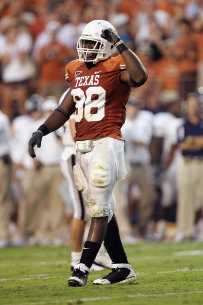 AUSTIN, TX - SEPTEMBER 20:  Brian Orakpo #98 of the Texas Longhorns celebrates a play during the game against the Rice Owls on September 20, 2008 at Darrell K Royal-Texas Memorial Stadium in Austin, Texas. Texas won 52-10. (Photo by Brian Bahr/Getty Image