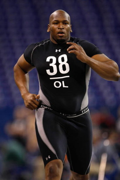 INDIANAPOLIS, IN - FEBRUARY 21:  Offensive lineman Eugene Monroe of Virginia runs the 40 yard dash as he participates in drills during the NFL Scouting Combine presented by Under Armour at Lucas Oil Stadium on February 21, 2009 in Indianapolis, Indiana. (