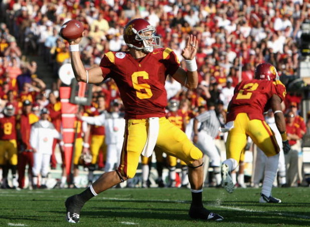 PASADENA, CA - JANUARY 01:  Quarterback Mark Sanchez #6 of the USC Trojans throws a pass during the 95th Rose Bowl Game presented by Citi against the Penn State Nittany Lions at the Rose Bowl on January 1, 2009 in Pasadena, California. The Trojans defeate