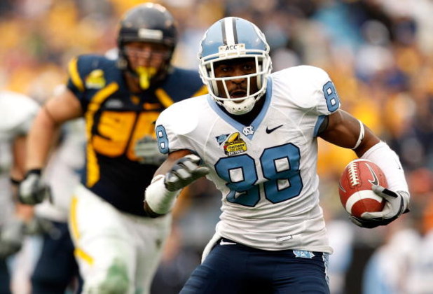 CHARLOTTE, NC - DECEMBER 27:  Hakeem Nicks #88 of the North Carolina Tar Heels runs with the ball against the West Virginia Mountaineers during the Meineke Car Care Bowl on December 27, 2008 at Bank of America Stadium in Charlotte, North Carolina.  (Photo
