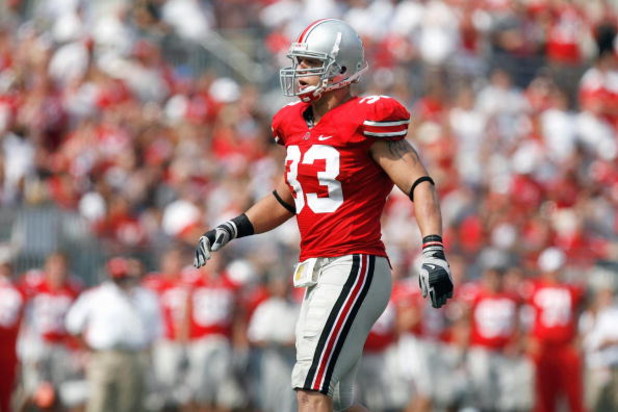 COLUMBUS, OH - SEPTEMBER 20:  James Laurinaitis #33 of the Ohio State Buckeyes walks on the field during the game against the Troy Trojans on September 20, 2008 at Ohio Stadium in Columbus, Ohio. Ohio State won the game 28-10. (Photo by Gregory Shamus/Get
