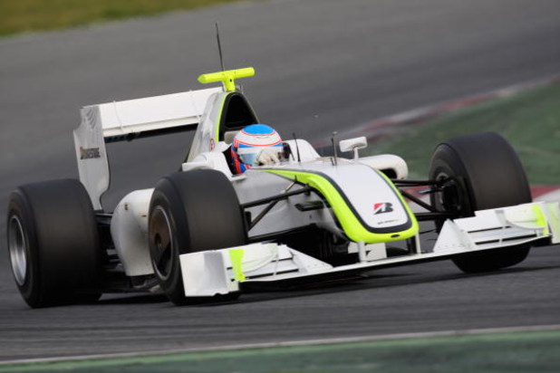 BARCELONA, SPAIN - MARCH 11: Jenson Button of Great Britain and Team Brawn GP in action during formula one testing at the Circuit de Catalunya on March 11, 2009 in Barcelona, Spain. (Photo by Mark Thompson/Getty Images)