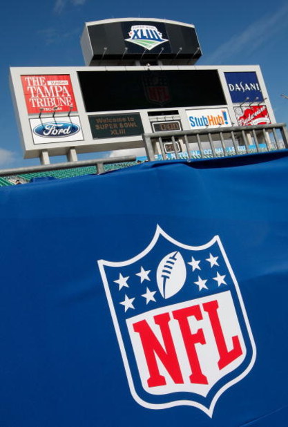 TAMPA, FL - FEBRUARY 01:  Offical Super Bowl XLIII and NFL logo signage is seen prior tothe Arizona Cardinals playing against the Pittsburgh Steelers inSuper Bowl XLIII on February 1, 2009 at Raymond James Stadium in Tampa, Florida.  (Photo by Al Bello/Ge