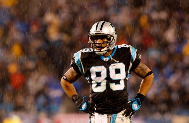CHARLOTTE, NC - JANUARY 10:  Steve Smith #89 of the Carolina Panthers looks on in the rain during the first quarter of the game against the Arizona Cardinals during the NFC Divisional Playoff Game on January 10, 2009 at Bank of America Stadium in Charlott
