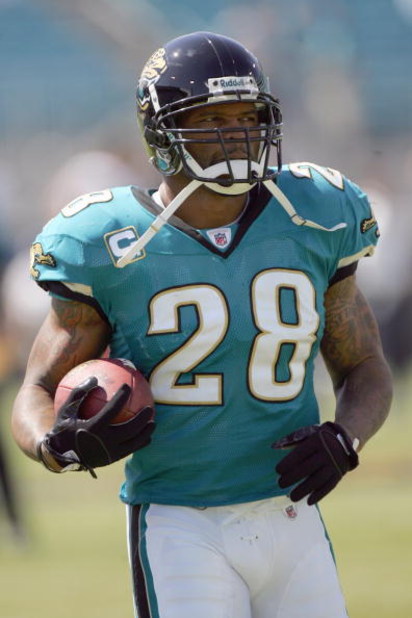 JACKSONVILLE, FL - SEPTEMBER 28: Fred Taylor #28 of the Jacksonville Jaguars carries the ball before the game against the Houston Texans at Jacksonville Municipal Stadium on September 28, 2008 in Jacksonville, Florida. (Photo by Sam Greenwood/Getty Imag