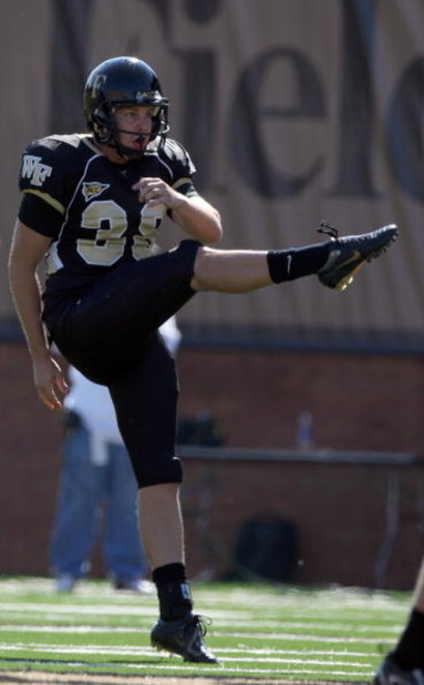 WINSTON SALEM, NC - OCTOBER 27:  Sam Swank #38 the kicker of the Wake Forest Demon Deacons during the ACC game at the Groves Stadium, on October 27, 2007 in Winston Salem,North Carolina.  (Photo by David Cannon/Getty Images)