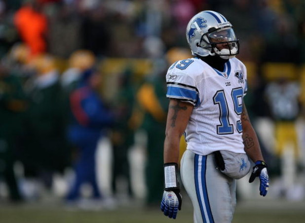 GREEN BAY, WI - DECEMBER 28: Keary Colbert #19 of the Detroit Lions walks off the field during a game against the Green Bay Packers on December 28, 2008 at Lambeau Field in Green Bay, Wisconsin. The Packers defeated the Lions 31-21. (Photo by Jonathan Dan