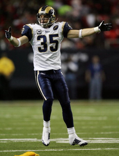 ATLANTA - DECEMBER 28:  Safety Todd Johnson #35 of the St. Louis Rams appeals to the official after a flag is thrown for interference against a teammate while the Atlanta Falcons during a stoppage in play at Georgia Dome on December 28, 2008 in Atlanta, G