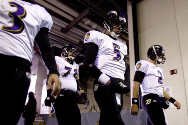 PITTSBURGH - JANUARY 18:  Joe Flacco #5 of the Baltimore Ravenswalks down the tunnel towards the field to take on the Pittsburgh Steelers during the AFC Championship game on January 18, 2009 at Heinz Field in Pittsburgh, Pennsylvania.  (Photo by Streeter 