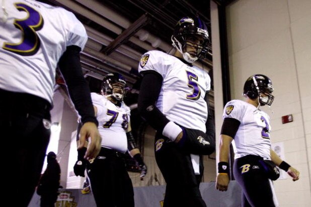 PITTSBURGH - JANUARY 18: Joe Flacco #5 of the Baltimore Ravenswalks down the tunnel towards the field to take on the Pittsburgh Steelers during the AFC Championship game on January 18, 2009 at Heinz Field in Pittsburgh, Pennsylvania. (Photo by Streeter