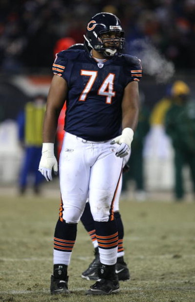 CHICAGO - DECEMBER 22: Chris Williams #74 of the Chicago Bears prepares to block on special teams during a game against the Green Bay Packers on December 22, 2008 at Soldier Field in Chicago, Illinois. The Bears defeated the Packers 20-17 in overtime.  (P