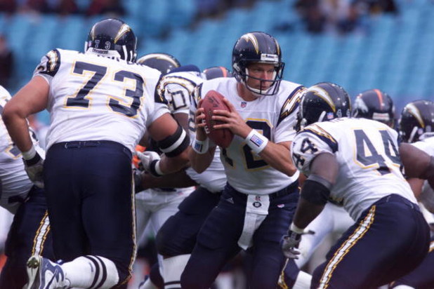 8 Aug 1999:  Quarterback Erik Kramer #12 of the San Diego Chargers rolls out to pass against the Denver Broncos during the first quarter of the American Bowl at Stadium Australia, Sydney, Australia. Mandatory Credit: Nick Wilson/ALLSPORT