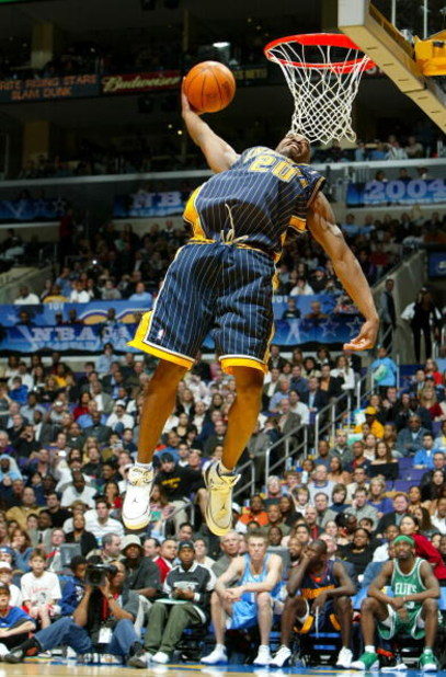LOS ANGELES - FEBRUARY 14:  Fred Jones #20 of the Indiana Pacers goes up for a dunk in route to winning the Sprite Rising Stars Slam Dunk Competition, part of the 53rd NBA All-Star weekend on February 14, 2004 at the Staples Center in Los Angeles, Califor