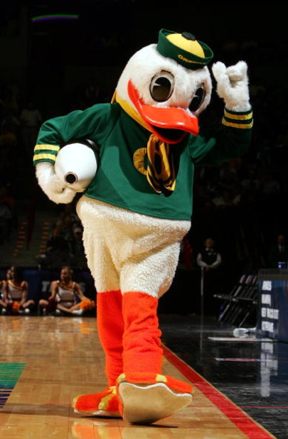 SPOKANE, WA - MARCH 18:  The Oregon Ducks mascot walks the court during a break in action against the Winthrop Eagles during the second round of the NCAA Men's Basketball Tournament on March 18, 2007 at Spokane Memorial Arena in Spokane, Washington.  (Pho