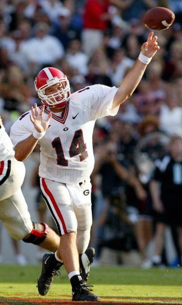 COLUMBIA, SC - SEPTEMBER 11:  David Greene #14 of the Georgia Bulldogs throws a pass during their game against the South Carolina Gamecocks at Williams-Brice Stadium on September 11, 2004 in Columbia, South Carolina. (Photo by Streeter Lecka/Getty Images)