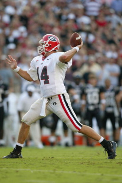 COLUMBIA, SC - SEPTEMBER 11:  Quarterback David Greene #14 of the Georgia Bulldogs throws a pass against the South Carolina Gamecocks during their game at Williams-Brice Stadium on September 11, 2004 in Columbia, South Carolina. Georgia defeated South Car