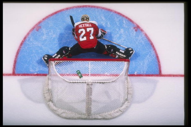 16 Oct 1996:  Goaltender Ron Hextall of the Philadelphia Flyers tends goal during a game against the Anaheim Mighty Ducks at Arrowhead Pond in Anaheim, California.  The Flyers won the game, 4-3. Mandatory Credit: Jamie Squire  /Allsport
