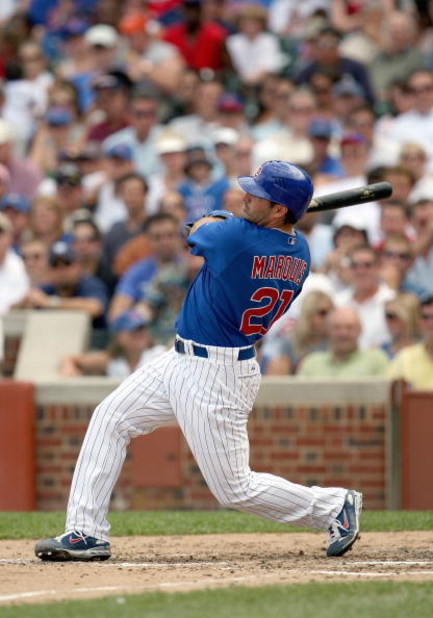 CHICAGO - AUGUST 06: Jason Marquis #21 of the Chicago Cubs bats against the Houston Astros on August 6, 2008 at Wrigley Field in Chicago, Illinois. (Photo by Jonathan Daniel/Getty Images) 