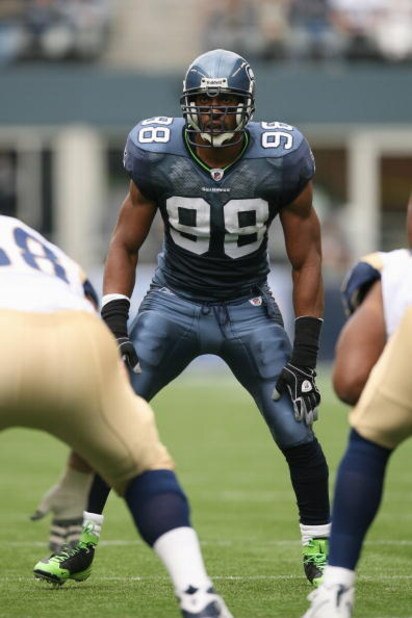 SEATTLE - SEPTEMBER 21: Julian Peterson #98 of the Seattle Seahawks lines up for a play during the game against the St. Louis Rams on September 21, 2008 at Qwest Field in Seattle, Washington. (Photo by Otto Greule Jr/Getty Images)