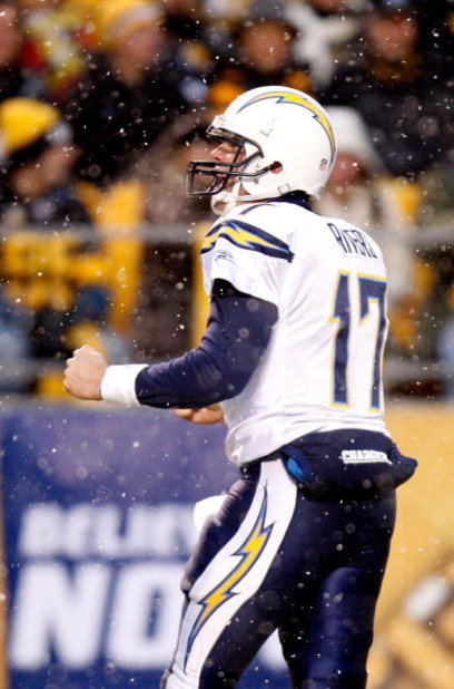 PITTSBURGH - JANUARY 11:  Philip Rivers #17 of the San Diego Chargers celebrates after he threw a 41-yard touchdown pass to Vincent Jackson #83 in the first quarter against the Pittsburgh Steelers during their AFC Divisional Playoff Game on January 11, 20
