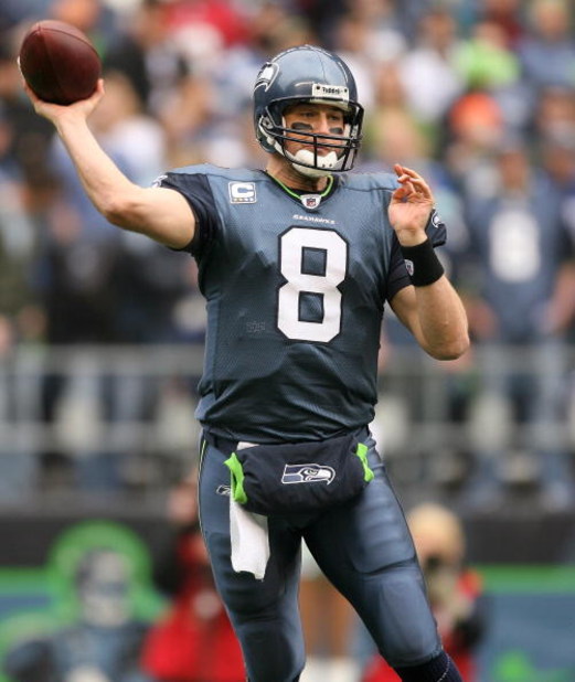 SEATTLE - NOVEMBER 16:  Quarterback Matt Hasselbeck #8 of the Seattle Seahawks passes against the Arizona Cardinals on November 16, 2008 at Qwest Field in Seattle, Washington. The Cardinals defeated the Seahawks 26-20. (Photo by Otto Greule Jr/Getty Image