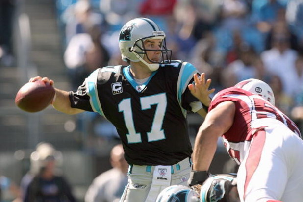 CHARLOTTE - OCTOBER 26:  Quarterback Jake Delhomme #17 of the Carolina Panthers passes the ball during the game against of the Arizona Cardinals at Bank of America Stadium on October 26, 2008 in Charlotte, North Carolina. (Photo by: Streeter Lecka/Getty I