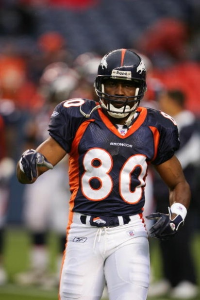 DENVER - AUGUST 20: Rod Smith #80 of the Denver Broncos stands on the field during the preseason game with the San Francisco 49ers at Invesco Field at Mile High on August 20, 2005 in Denver, Colorado. The Broncos defeated the 49ers 26-21. (Photo by Doug