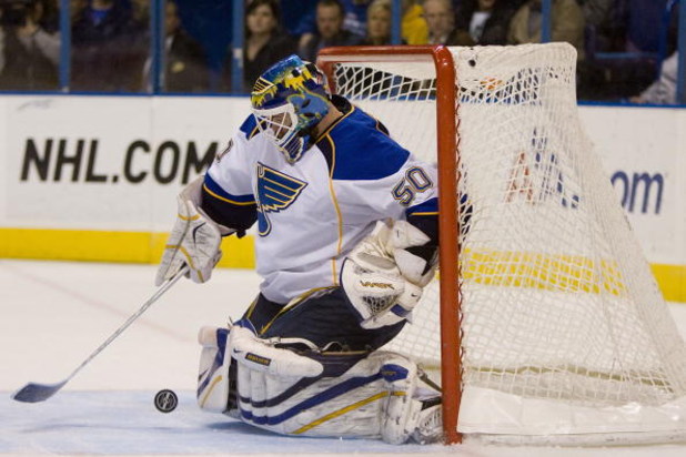 ST. LOUIS, MO. - MARCH 28: Chris Mason #50 of the St. Louis Blues makes a save against the Columbus Bluejackets at the Scottrade Center on March 28, 2009 in St. Louis, Missouri.  The Blues won 4-3 in a shootout.  (Dilip Vishwanat/Getty Images)