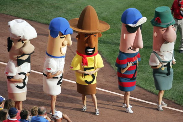 MILWAUKEE - SEPTEMBER 29: Italian Sausage,Hot Dog,Chorizo,Polish Sausage and Bratwurst get ready for the Sausage Race during the game between the San Diego Padres and the Milwaukee Brewers on September 29, 2007 at Miller Park in Milwaukee, Wisconsin. The 