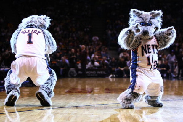EAST RUTHERFORD, NJ - MARCH 27:  New Jersey Nets mascot Sly Fox and Mini Sly Fox dance during the game between the Los Angeles Lakers and the New Jersey Nets during the game on March 27, 2009 at the Izod Center in East Rutherford, New Jersey. NOTE TO USER