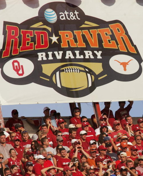 DALLAS - OCTOBER 7:  General view of the Rivalry banner hung above fans during the Red River Shootout between the Texas Longhorns and the Oklahoma Sooners at the Cotton Bowl on October 7, 2006 in Dallas, Texas. The Longhorns won 28-10. (Photo by Ronald Ma