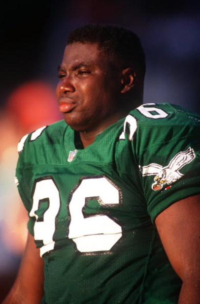 7 NOV 1993:  A CANDID PORTRAIT OF EAGLES DEFENSIVE LINEMAN CLYDE SIMMONS ON THE FIELD BEFORE A GAME AGAINST THE CARDINALS. Mandatory Credit: Stephen Dunn/ALLSPORT