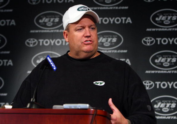 FLORHAM PARK, NJ - MAY 02:  Head coach Rex Ryan of the New York Jets speaks to the media during minicamp on May 2, 2009 at the Atlantic Health Jets Training Center in Florham Park, New Jersey.  (Photo by Jim McIsaac/Getty Images)