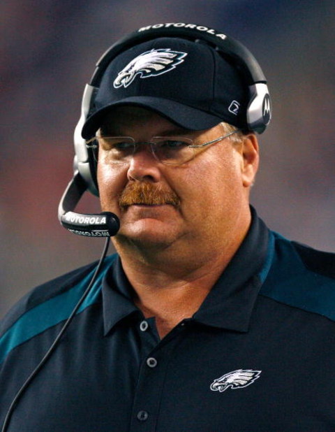 FOXBORO, MA - AUGUST 22: Andy Reid of the Philadelphia Eagles smiles during a preseason game against the New England Patriots at Gillette Stadium on August 22, 2008 in Foxboro, Massachusetts. (Photo by Jim Rogash/Getty Images)