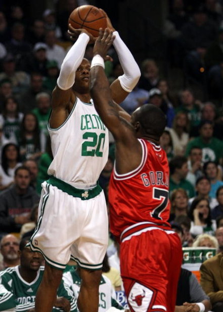 BOSTON - APRIL 20:  Ray Allen #20 of the Boston Celtics takes a shot as Ben Gordon #7 of the Chicago Bulls defends in Game Two of the Eastern Conference Quarterfinals during the 2009 NBA Playoffs at TD Banknorth Garden on April 20, 2009 in Boston, Massach