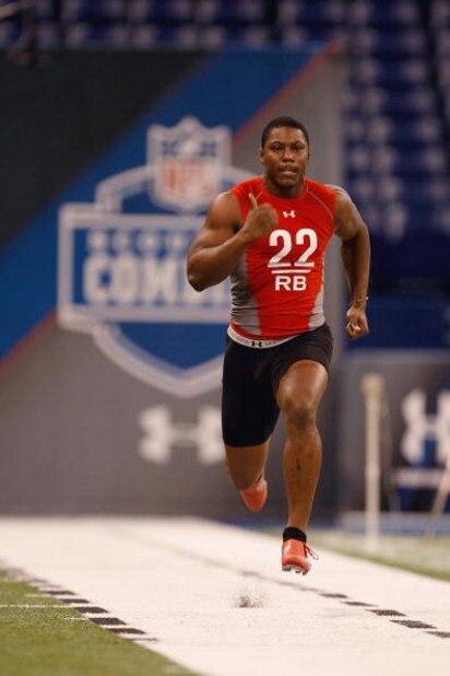 INDIANAPOLIS, IN - FEBRUARY 22: Running back Knowshon Moreno of Georgia runs the 40 yard dash during the NFL Scouting Combine presented by Under Armour at Lucas Oil Stadium on February 22, 2009 in Indianapolis, Indiana. (Photo by Scott Boehm/Getty Images