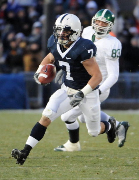 STATE COLLEGE - NOVEMBER 22:  Anthony Scirrotto #7 of the Penn State Nittany Lions returns an interception in front of Charlie Gantt #83 of the Michigan State Spartans on November 22, 2008 at Beaver Stadium in State College, Pennsylvania.  (Photo by Joe S