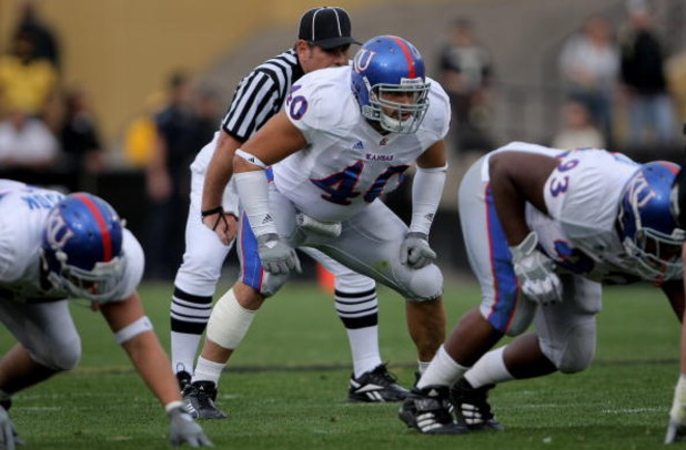 BOULDER, CO - OCTOBER 20:  Linebacker Mike Rivera #40 of the Kansas Jayhawks lines up against the Colorado Buffaloes at Folsom Field on October 20, 2007 in Boulder, Colorado. Kansas defeated Colorado 19-14.  (Photo by Doug Pensinger/Getty Images)